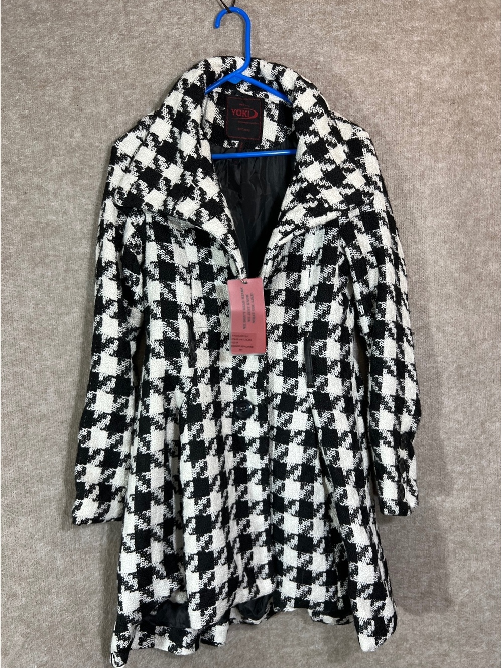 Yoki New York Coat Women M Black White Houndstooth Wool Blend Belt Missing